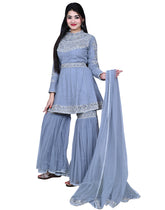 Blue Embroidered Shirt With Sharara & Waist Belt